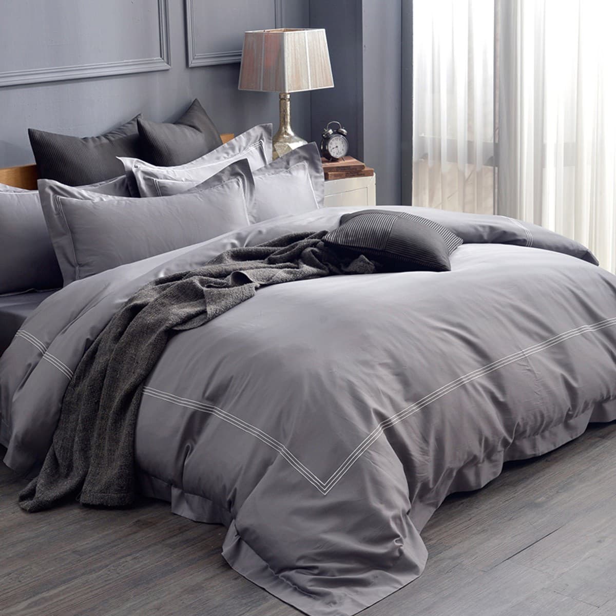 Set Bed Cover Satin Tercetak La Belle Double 300 Thread Count Jazz Grey 150 cm x 186 cm
