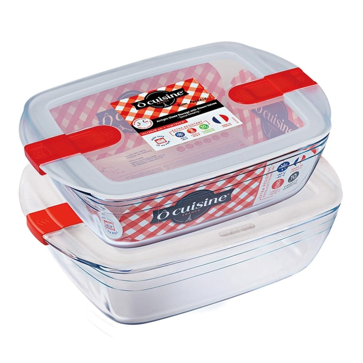 O Cuisine Kotak Preservasi Glass Anti Panas Termasuk Tutup Bentuk Panjang 1.1L