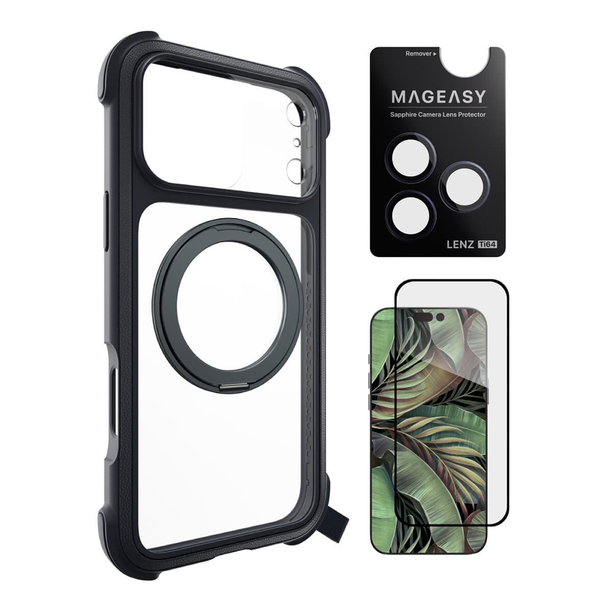 MAGEASY Odyssey Stand M Ultra Military Drop Protection Casing Ponsel Berdiri Magnetik iPhone 17 Pro Max (Leather Midnight) + Pelindung Lensa Lenz Titanium (Midnight Titanium) + Pelindung Kaca Tempered Vetro 9H