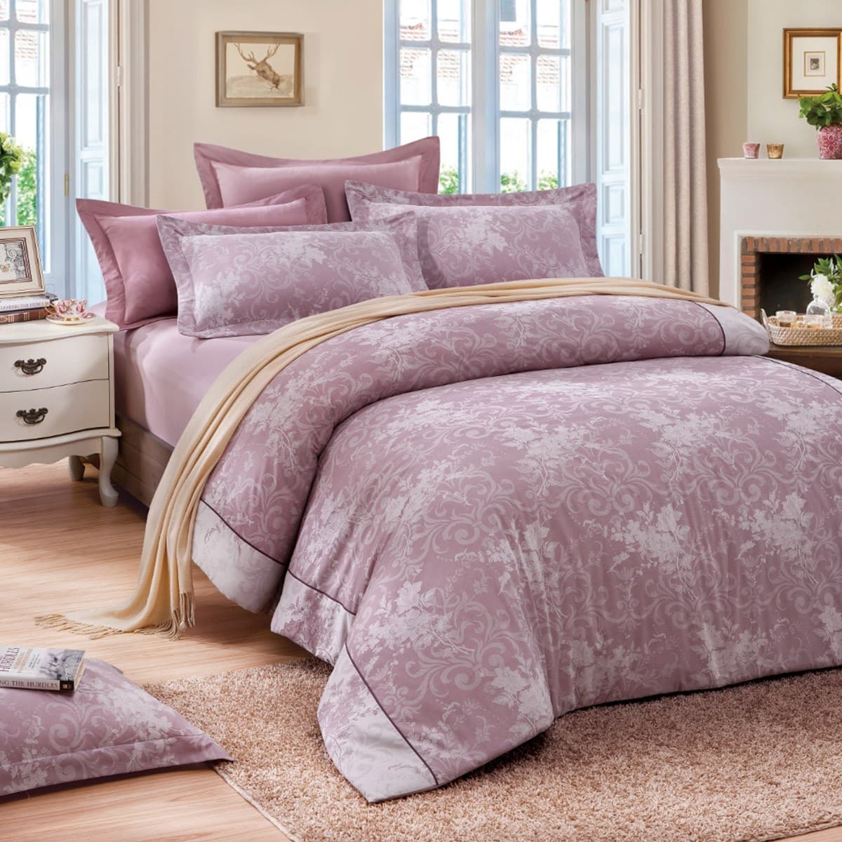 Set Selimut dan Bedcover Woven Jacquard Caliphil untuk Dua Orang, 4 Potong, 152 cm x 190 cm, Floral