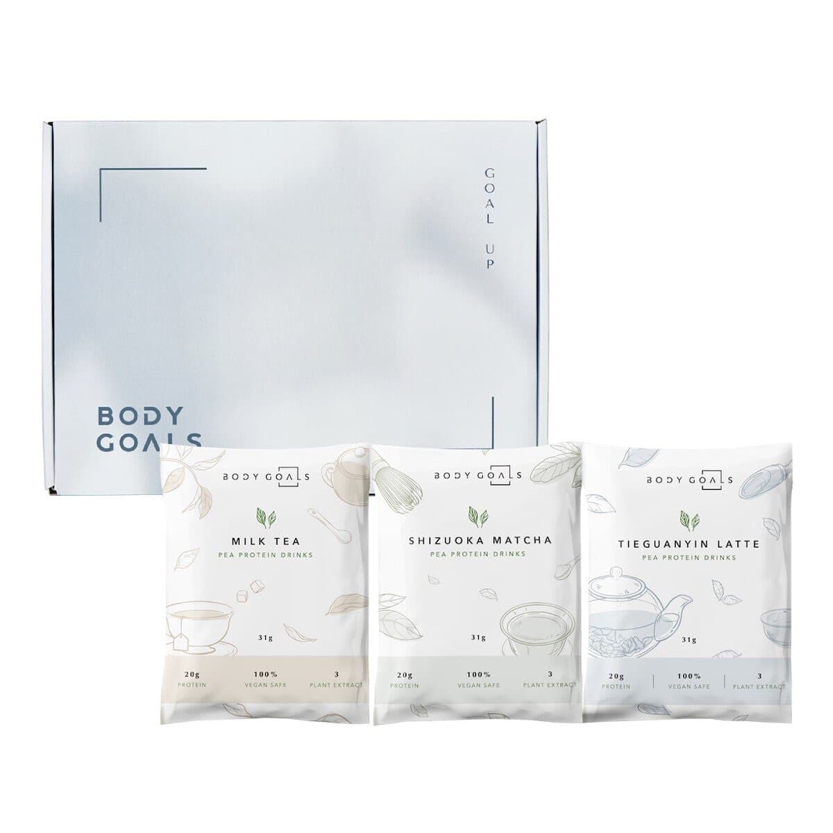 Body Goals Paket Protein Kacang Hijau Multifungsi Vegetarian 31 Gram X 30 Pcs (Lavender Milk Tea / Shizoka Matcha / Guan Yin Latte)