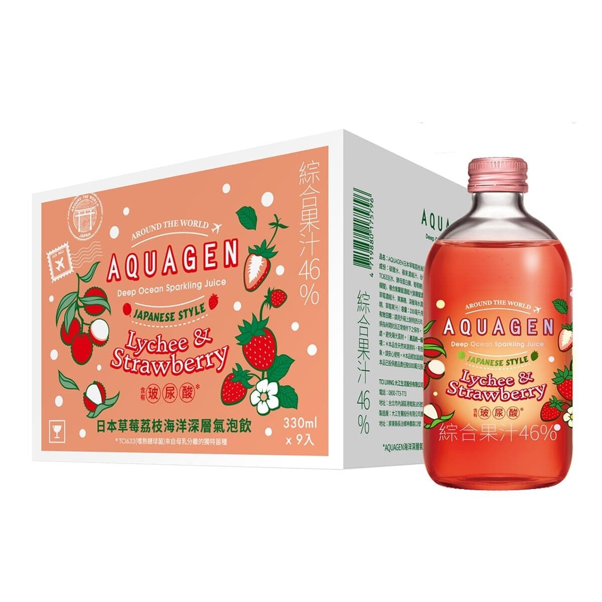 AQUAGEN Minuman Teh Berbusa Strawberry dan Lychee Jepang 330 ml x 9 botol