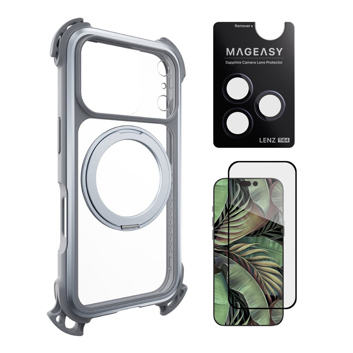 MAGEASY Odyssey Ultra M Case dengan Magnetic Mount dan Lanyard untuk iPhone 17 Pro (Misty/Rock Grey) + Lensa Protector Lenz Titanium Midnight + Vetro 9H Tempered Glass Screen Protector
