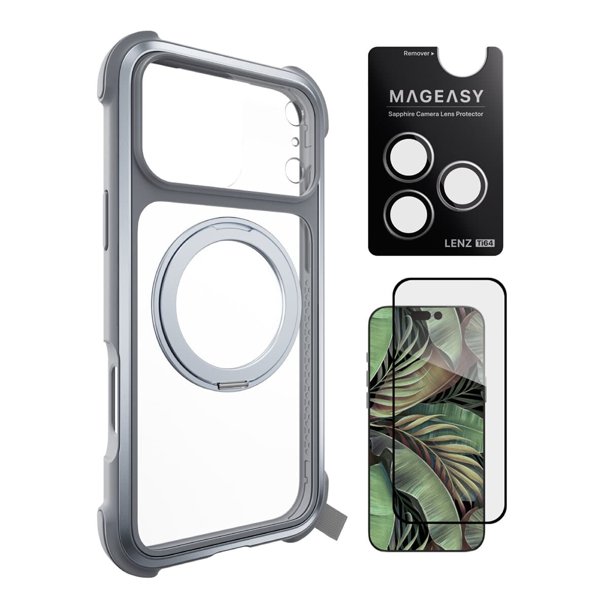 MAGEASY Odyssey Stand M Pelindung Anti-Tumbukan dan Magnetik untuk iPhone 17 Pro Max (Misty) + Perlindungan Lensa Lenz Titanium (Putih Titanium) + Vetro 9H Tempered Glass Screen Protector
