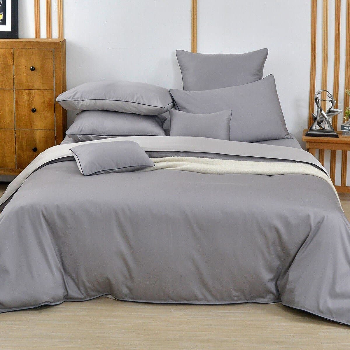 La Belle Setempat Super King 4 Pcs Sutra Tencel Polos Grey Border 300 Thread Count