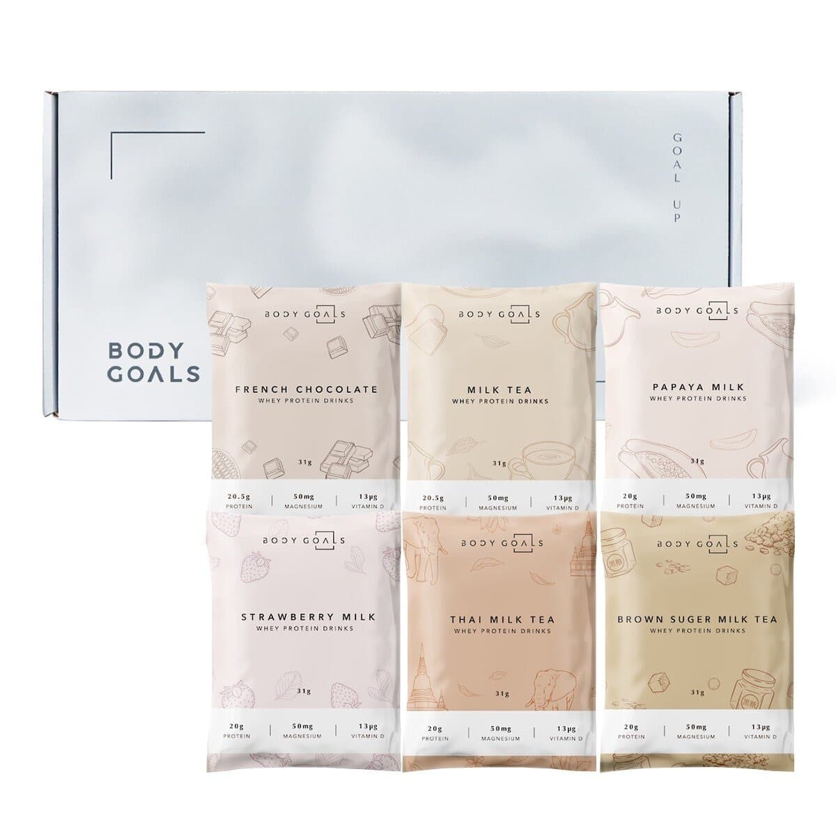 Body Goals Multi-Protein Shake Pack 31 gram X 60 unit (French Cocoa / English Black Tea / Strawberry Milk / Papaya Milk / Thai Black Tea / Brown Sugar Milk)