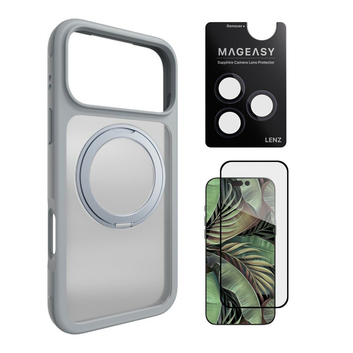 MAGEASY MagStand 360 M Magnetic Swivel Stand Drop Proof Case untuk iPhone 17 Pro Max (Misty) + Pelindung Lensa Lenz (Midnight) + Pelindung Kaca Tempered Vetro 9H