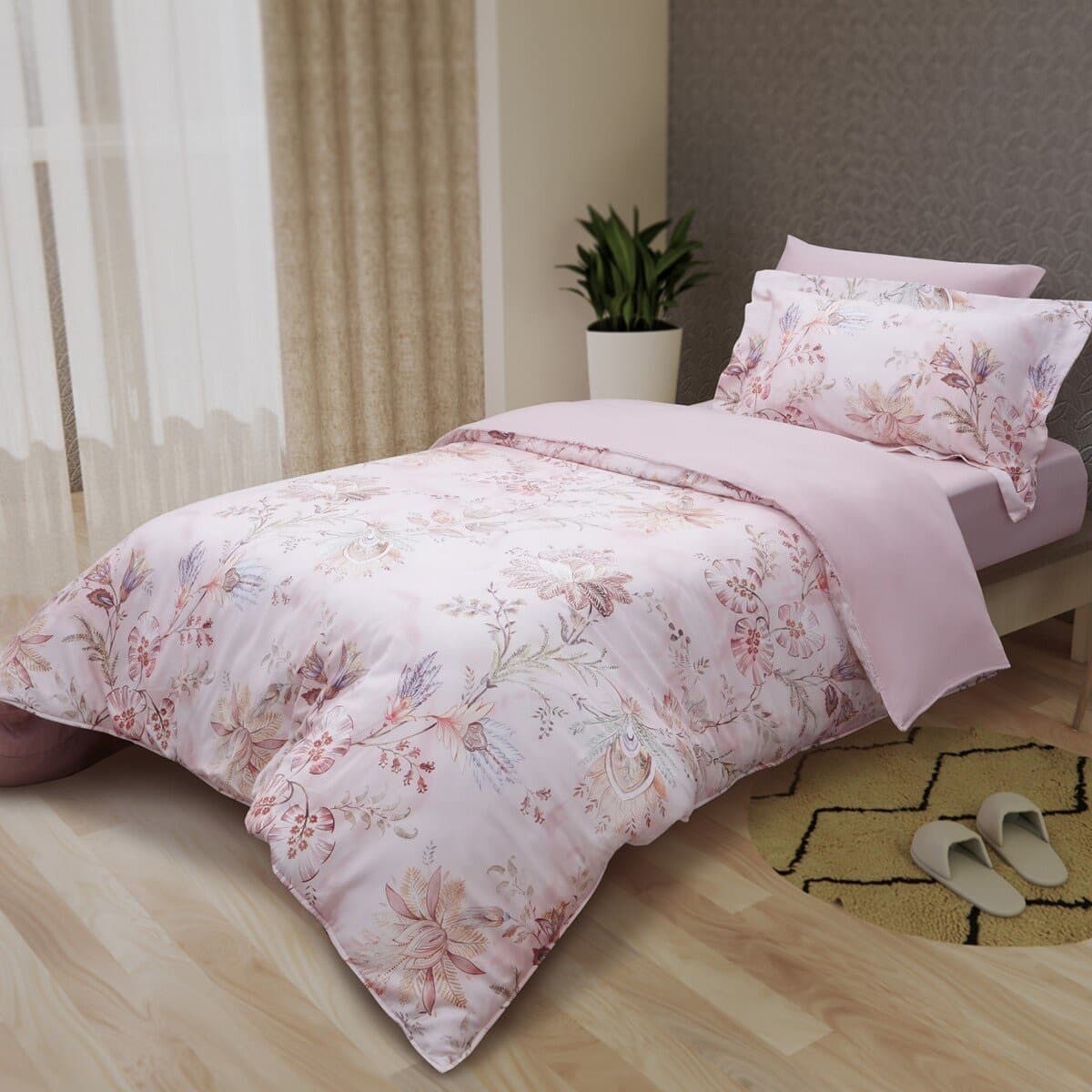 CASA Set Selimut, Bantal, dan Sarung Bantal 4 Lembar Model Jade Terrace Pink Single 100% Lyocell