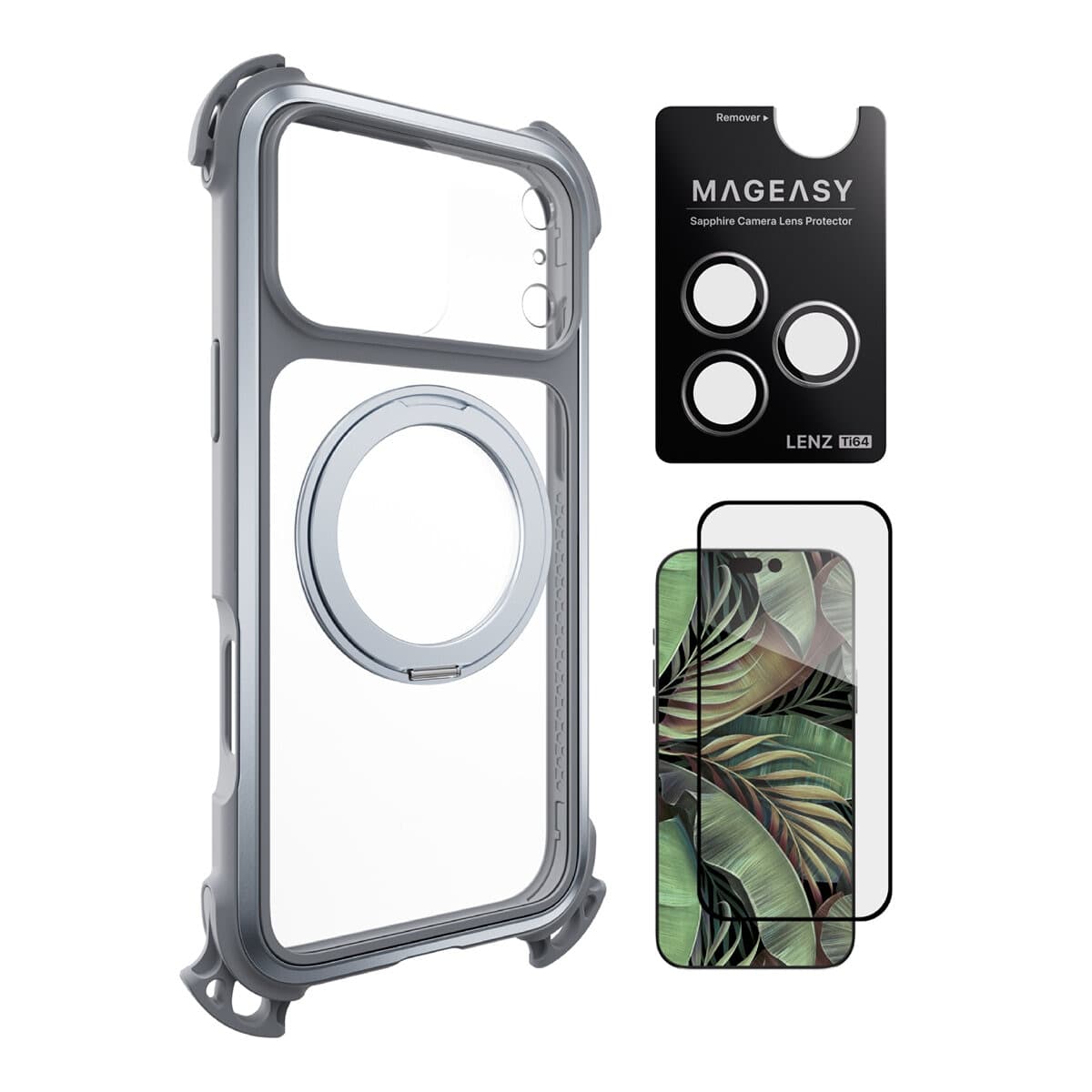 MAGEASY Odyssey Ultra M Ultimate Drop Protection Magnetic Stand Lanyard Case untuk iPhone 17 Pro Max (Mist / Rock Grey) + Pelindung Lensa Lenz Titanium (Titanium White) + Pelindung Kaca Tempered Vetro 9H