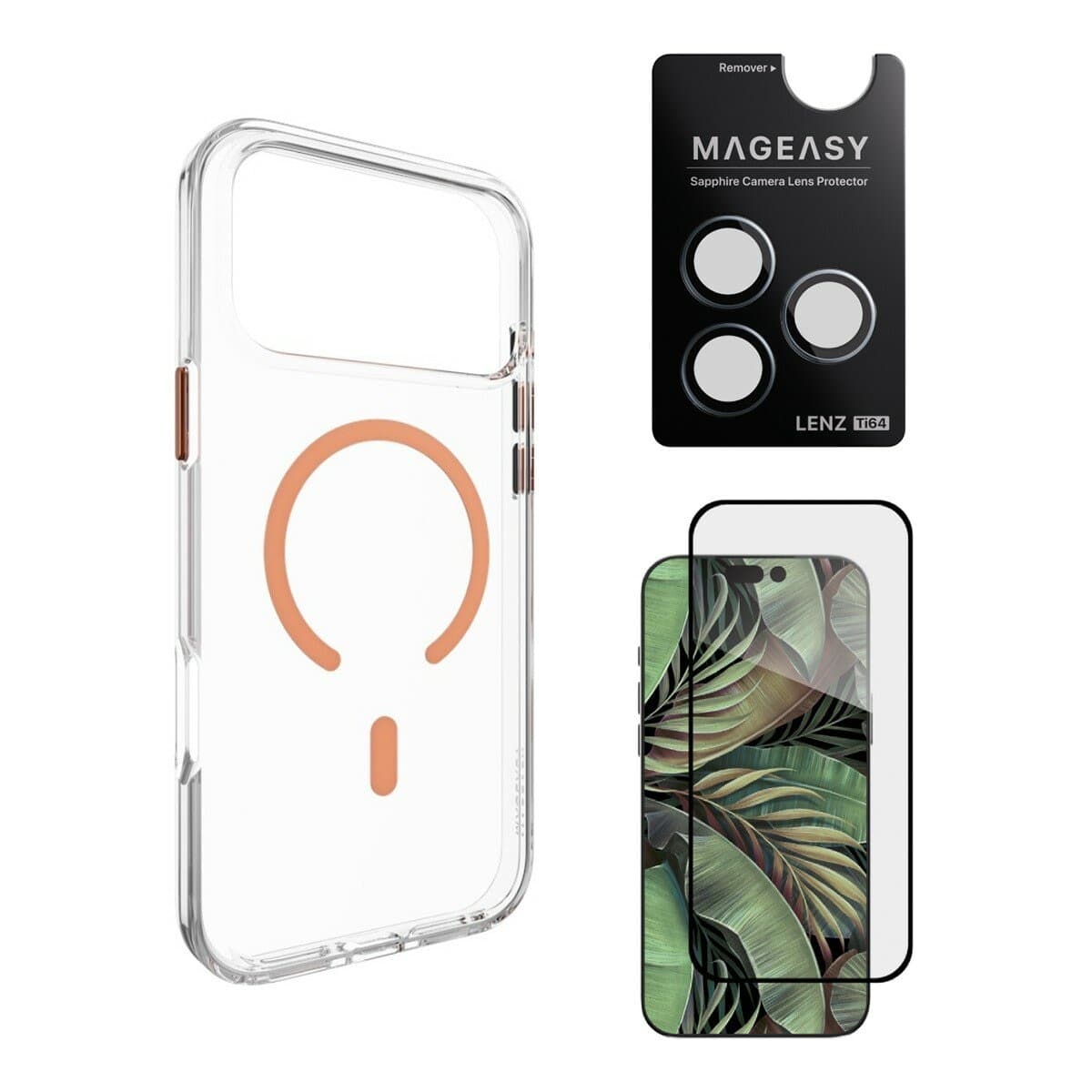 Pelindung Belakang Facet Clear Case MAGEASY untuk iPhone 17 Pro Max (Coral Magnet) + Lensa Protector Lenz Titanium (Misty Titanium) + Vetro 9H Tempered Glass Screen Protector