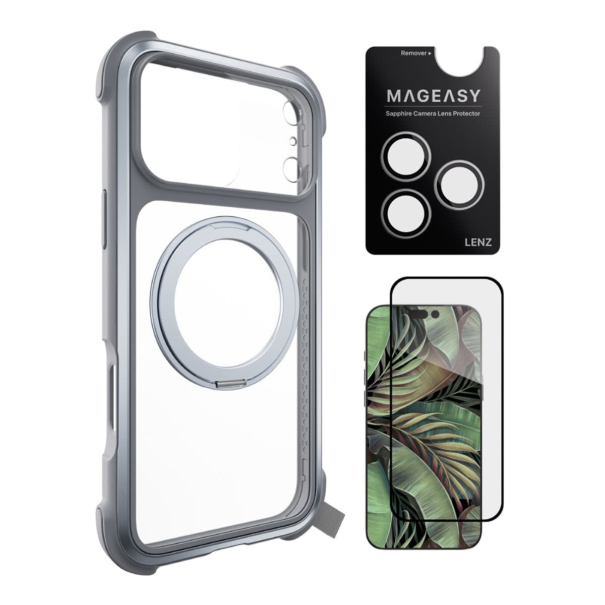 MAGEASY Odyssey Stand M Pelindung Anti-Termos Magnetic Mount For iPhone 17 Pro Max (mist) + Pelindung Lensa Lenz (putih) + Vetro 9H tempered glass protector
