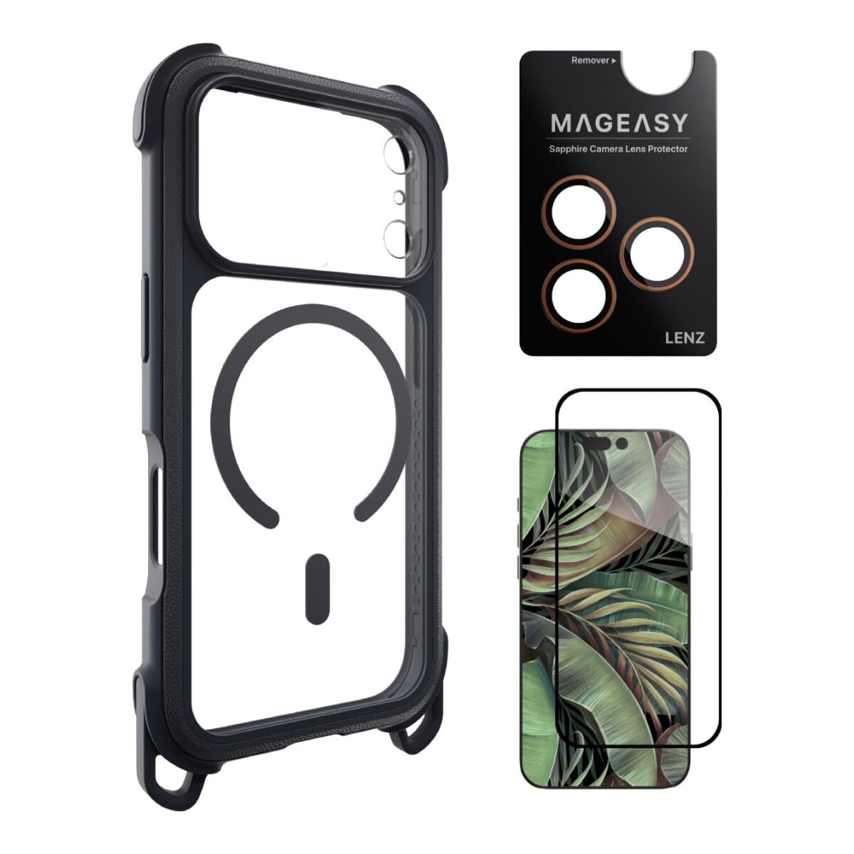 MAGEASY Odyssey Strap M Pelindung Anti-Termos Hanging Strap Case For iPhone 17 Pro (kulit midnight/black) + Pelindung Lensa Lenz (coral) + Vetro 9H tempered glass protector