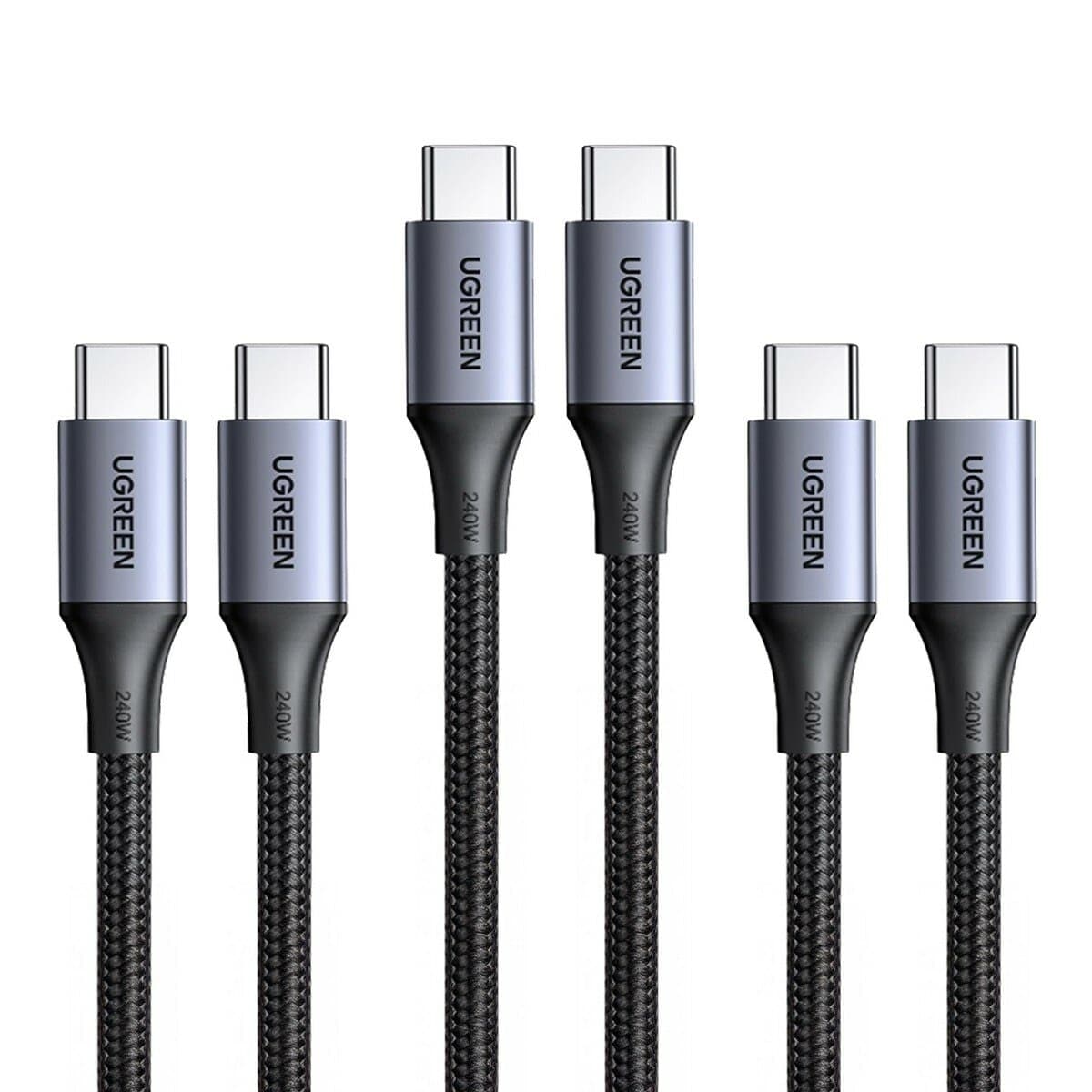 Greenlink Tipe-C ke Tipe-C 240W 5A Kabel Transmisi Pengisian Daya Super Cepat Aman Paduan Aluminium Dikepang Abu-abu Langit Gelap (2m) 3pcs Set