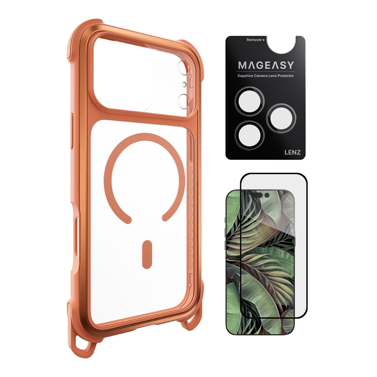 MAGEASY Odyssey Strap M Pelindung Ponsel Magnetik Rotasi Anti Jatuh iPhone 17 Pro Max (Coral/Orange) + Perlindungan Lensa Lenz (Misty) + Vetro 9H Kaca Pelindung