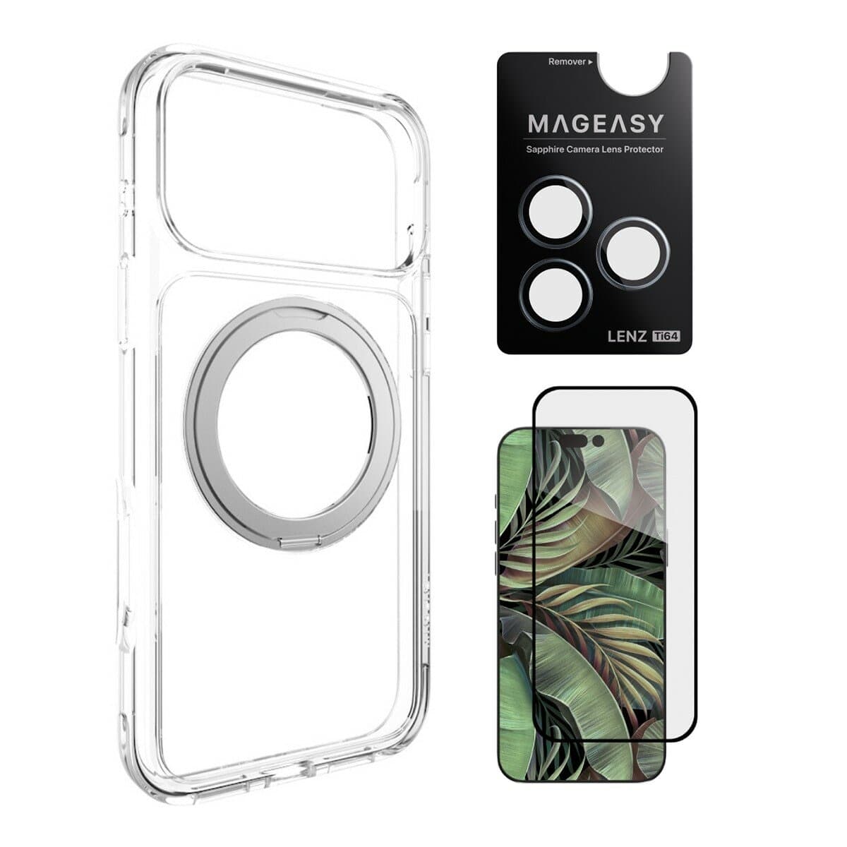 MAGEASY MagStand 360 M Casing Anti Jatuh Dudukan Putar Magnetik untuk iPhone 17 Pro Max (Bening) + Pelindung Lensa Lenz Titanium (Misty Titanium) + Pelindung Kaca Tempered Vetro 9H