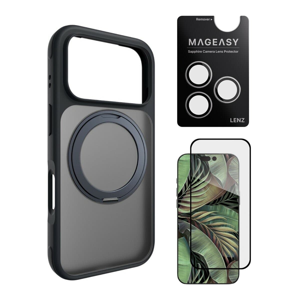 MAGEASY MagStand 360 M Pelindung Ponsel Magnetik Rotasi Anti Jatuh iPhone 17 Pro (Midnight) + Perlindungan Lensa Lenz (Putih) + Vetro 9H Kaca Pelindung