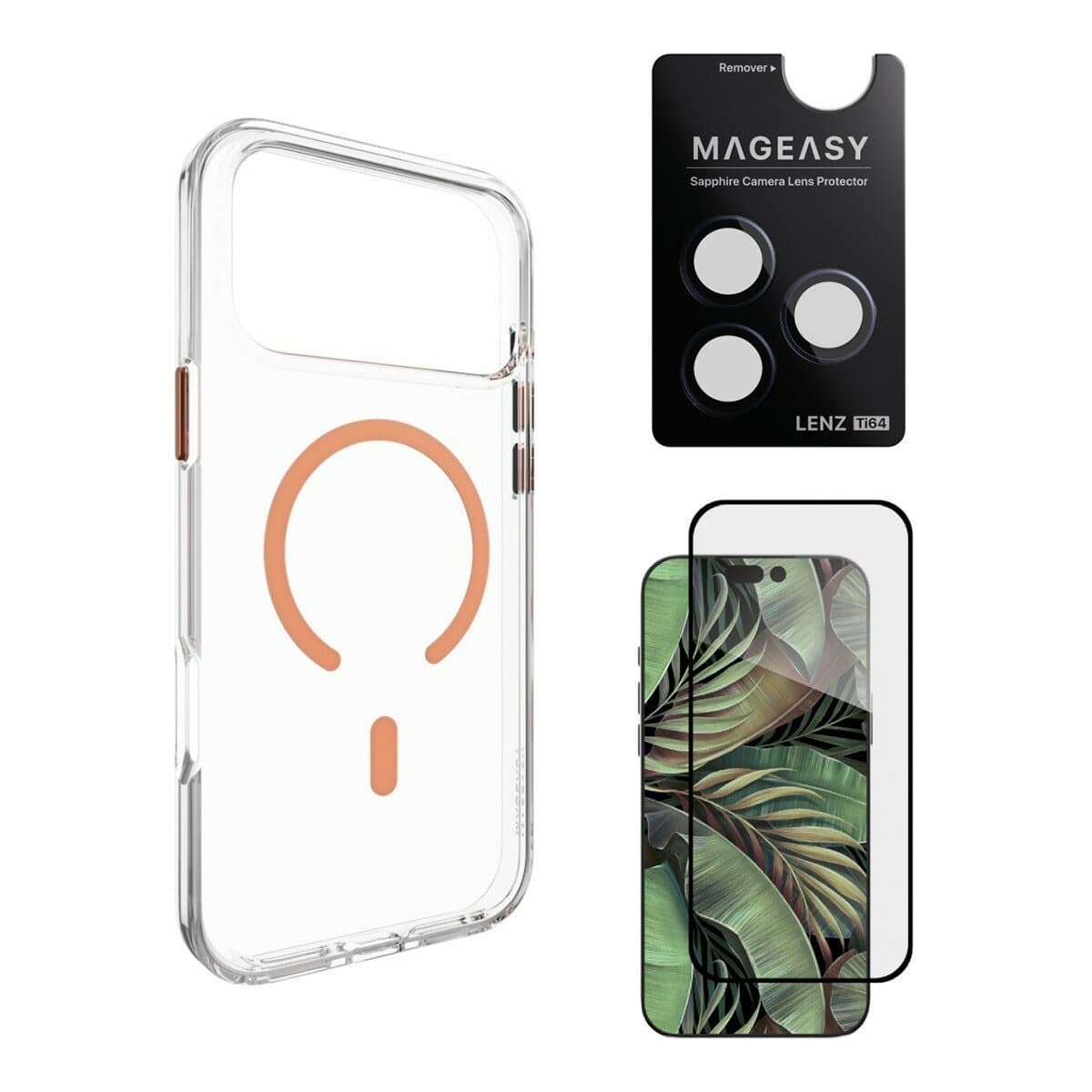 Pelindung Belakang Facet Clear Case MAGEASY untuk iPhone 17 Pro Max (Coral Magnet) + Lensa Protector Lenz Titanium (Midnight Titanium) + Vetro 9H Tempered Glass Screen Protector