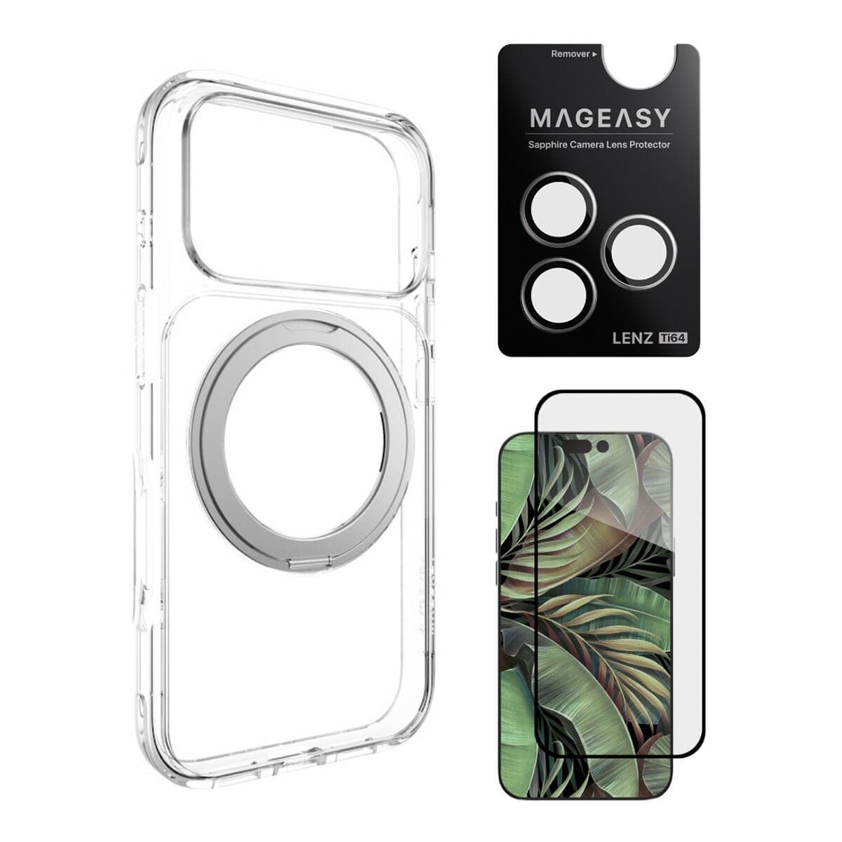 MAGEASY MagStand 360 M Casing Pelindung Dudukan Putar Magnetik untuk iPhone 17 Pro (Bening) + Pelindung Lensa Lenz Titanium (Titanium Putih) + Pelindung Kaca Tempered Vetro 9H