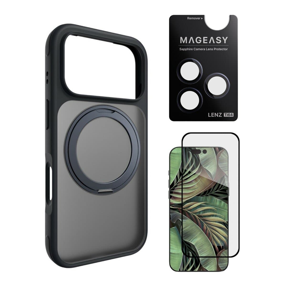 MAGEASY MagStand 360 M Magnetic Rotating Bracket Case iPhone 17 Pro (Midnight) + Pelindung Lensa Lenz Titanium (Midnight Titanium) + Vetro 9H Tempered Glass Screen Protector