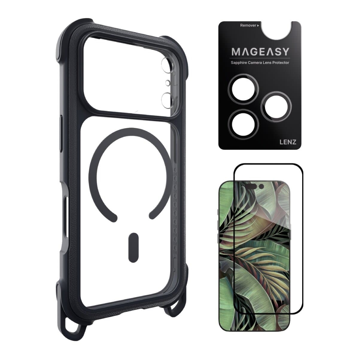 MAGEASY Odyssey Strap M Pelindung Anti-Tumbukan Magnetik Dengan Tali Untuk iPhone 17 Pro (Leather Midnight/Hitam) + Perlindungan Lensa Lenz (Haze) + Vetro 9H Tempered Glass Screen Protector
