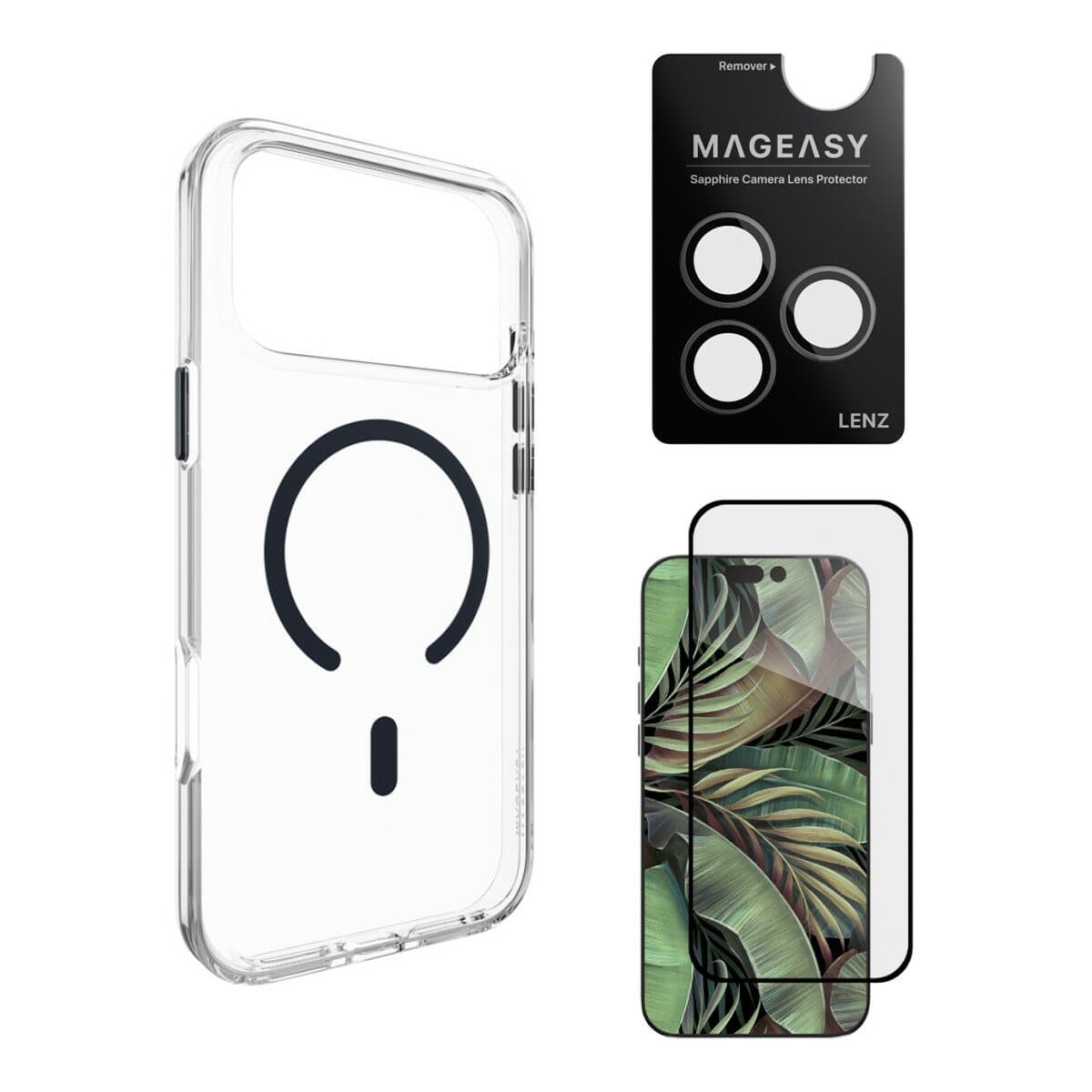 MAGEASY Bright M tidak kuning militer magnetik casing transparan iPhone 17 Pro Max (magnet midnight) + pelindung lensa Lenz (mist) + pelindung kaca Vetro 9H