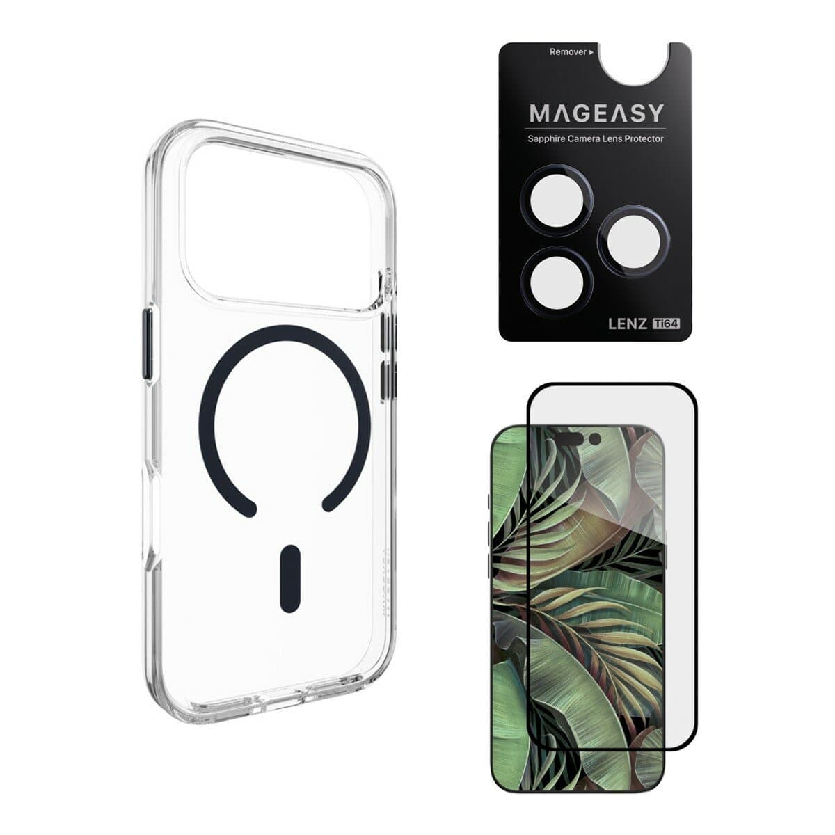 MAGEASY Bright M tidak kuning militer magnetik casing transparan iPhone 17 Pro (magnet midnight) + pelindung lensa Lenz titanium (titanium midnight) + pelindung kaca Vetro 9H