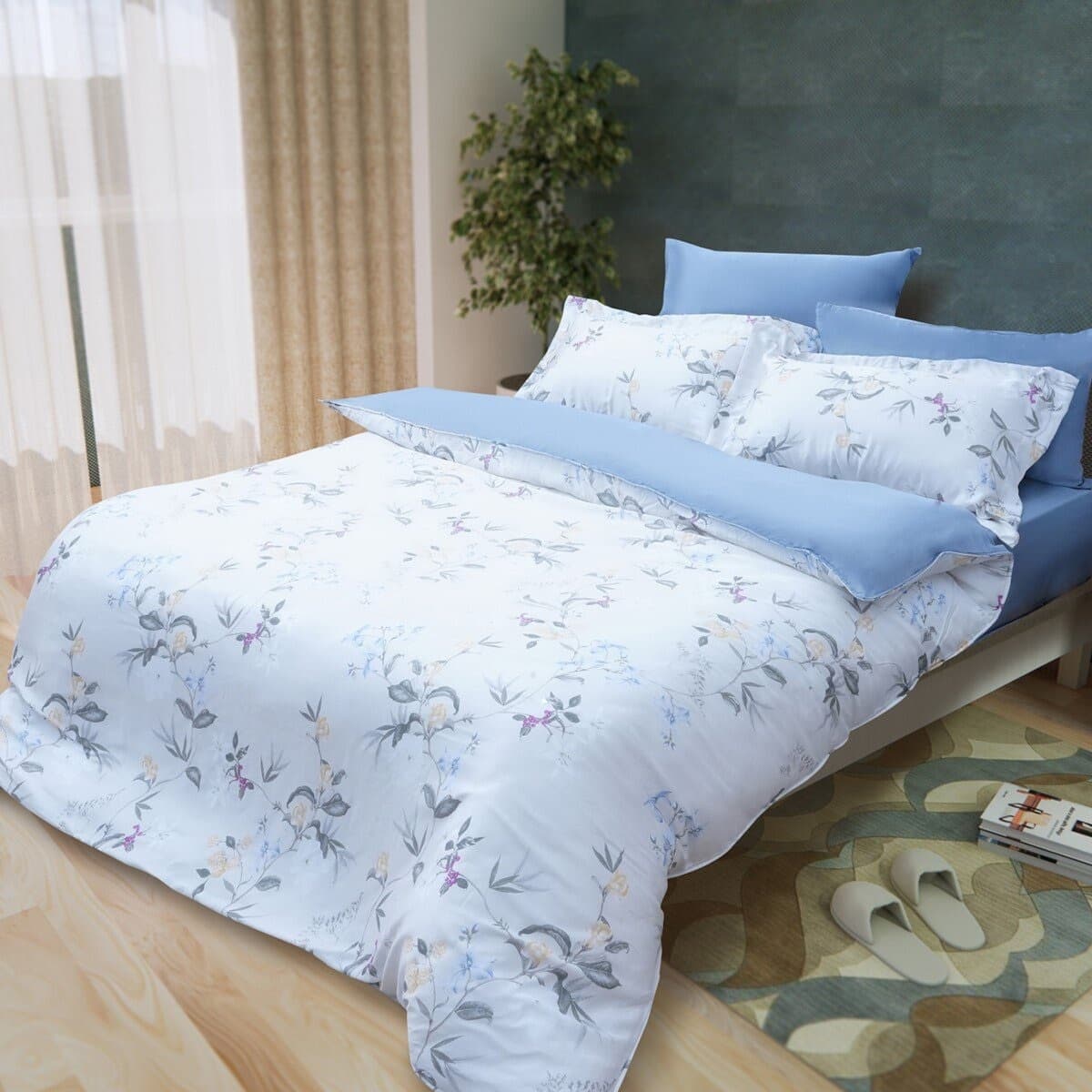 CASA Set Selimut, Bantal & Sarung Bantal Musim Gugur Abu Biru 100% Lyocell Untuk Dua Orang