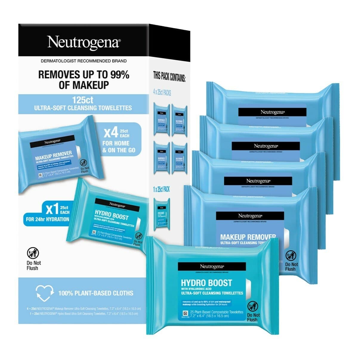 Neutrogena Soft Cleansing Towelette Set Cleansing Pads 25 Buah X 4 pcs & Hyaluronic Acid Moisturizing Pads 25 Buah X 1 pcs