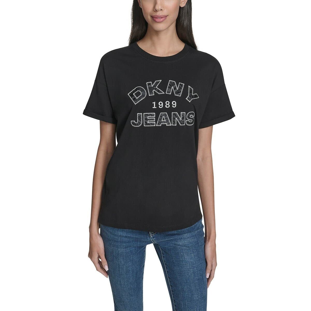 DKNY Jeans Wanita Logo Atasan Lengan Pendek Hitam S