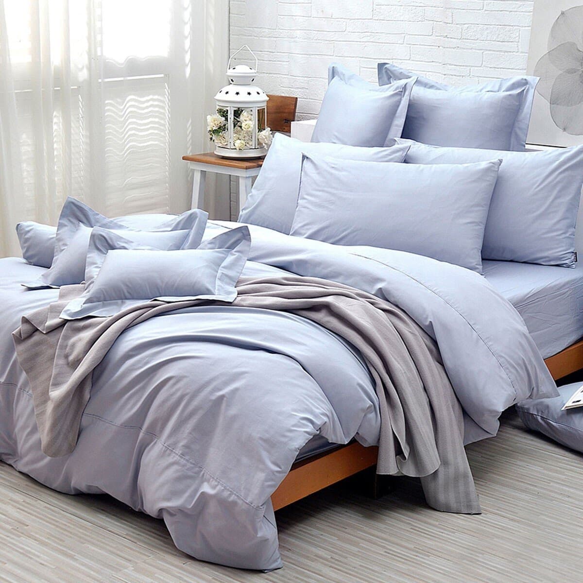 La Belle Setelap Dua Orang 200 Thread Count Cotton Solid Thin Cover 180 cm X 210 cm Biru Abu-abu