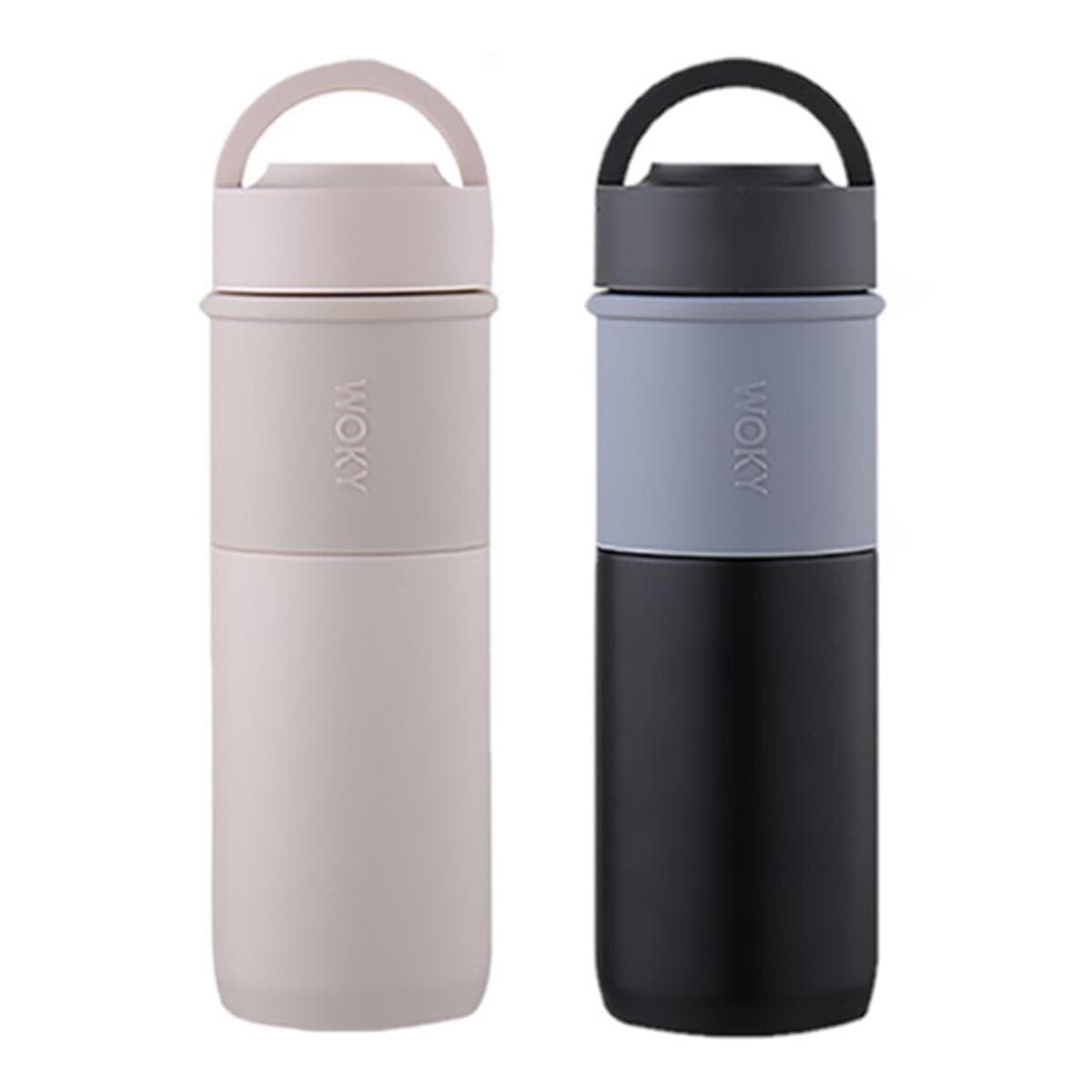 WOKY Ceramic Inner Insulated Cup with Handle 500 ml X 2 set Pink + Hitam