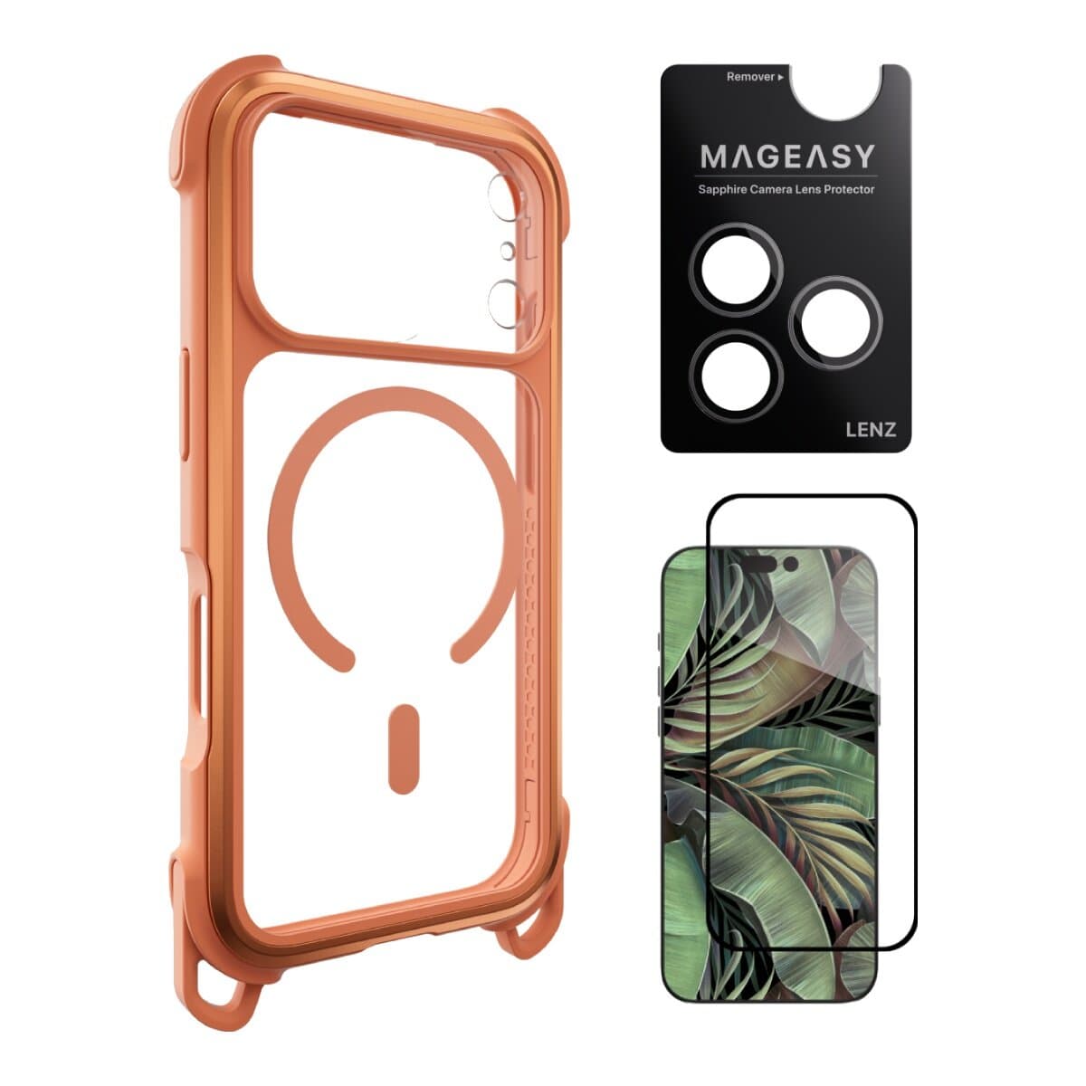 MAGEASY Odyssey Strap M Anti Gores dan Pelindung Tali iPhone 17 Pro (Coral/Kecil Orange) + Perlindungan Lensa Lenz (Misty) + Vetro 9H Pelindung Kaca Tempered Glass