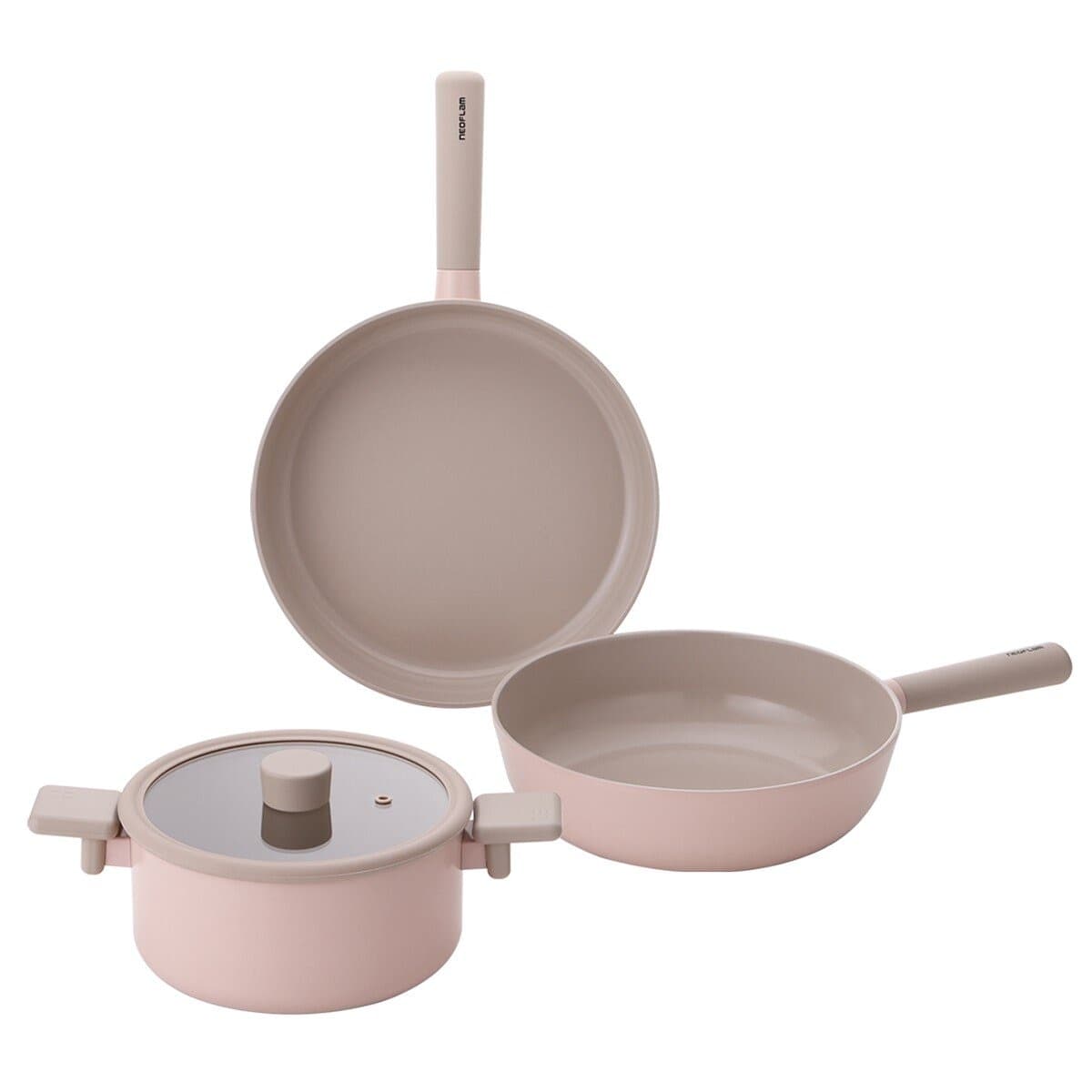 Neoflam Set Peralatan Masak Anti-lengket Keramik dengan Tutup Kaca 4 item Pink