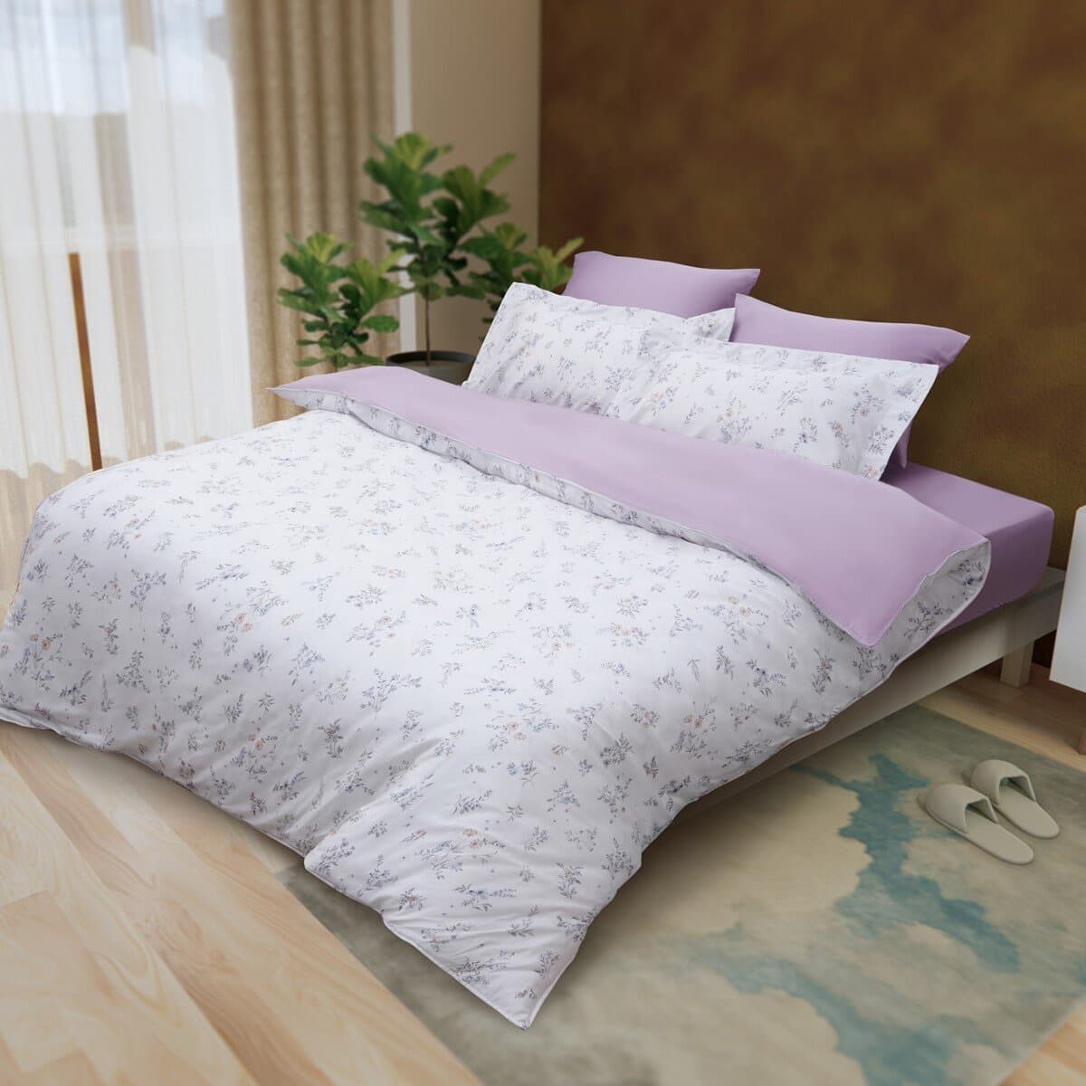 CASA Set Enam Lembar Perlengkapan Ranjang dari 100% Lyocell Ungu Bunga Double Extra Large