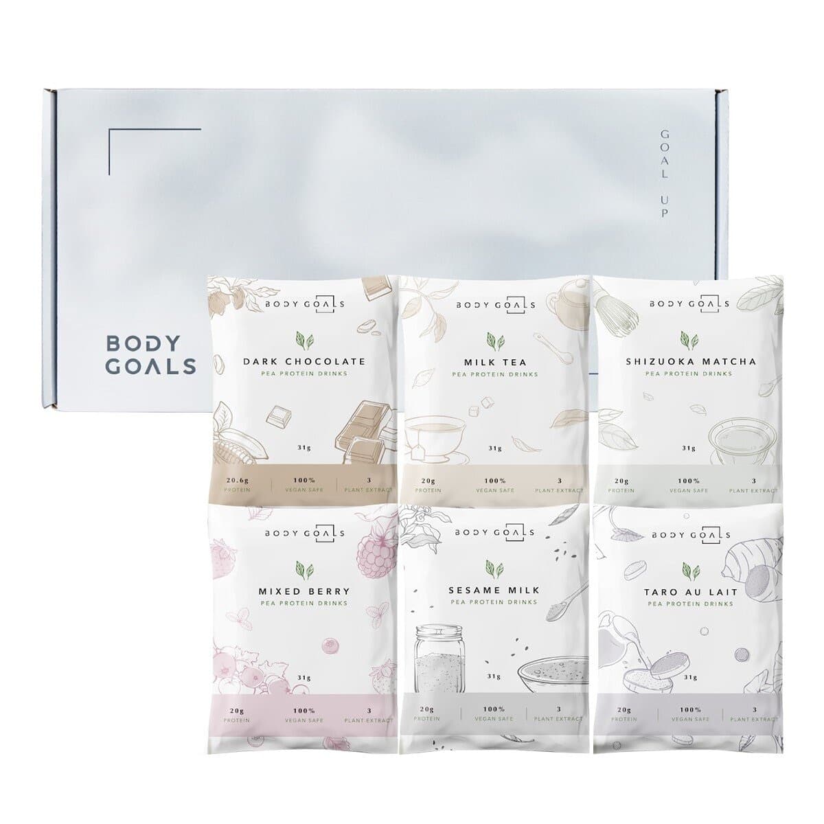 Body Goals Paket Protein Pea Isi 31g X 60 Lembar (Dark Chocolate / Sesame Latte / Rich Milk Tea / Shizuoka Matcha / Sweet Potato Latte / Berry Medley)