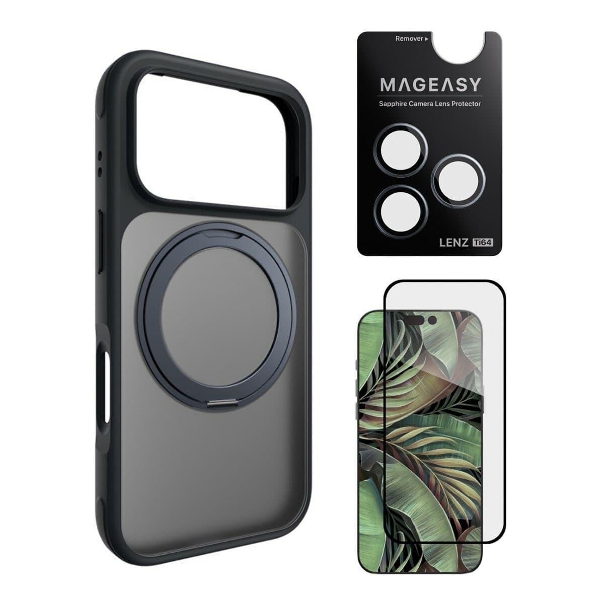 MAGEASY MagStand 360 M Magnetic Rotating Bracket Case iPhone 17 Pro (Midnight) + Pelindung Lensa Lenz Titanium (Haze Titanium) + Vetro 9H Tempered Glass Screen Protector