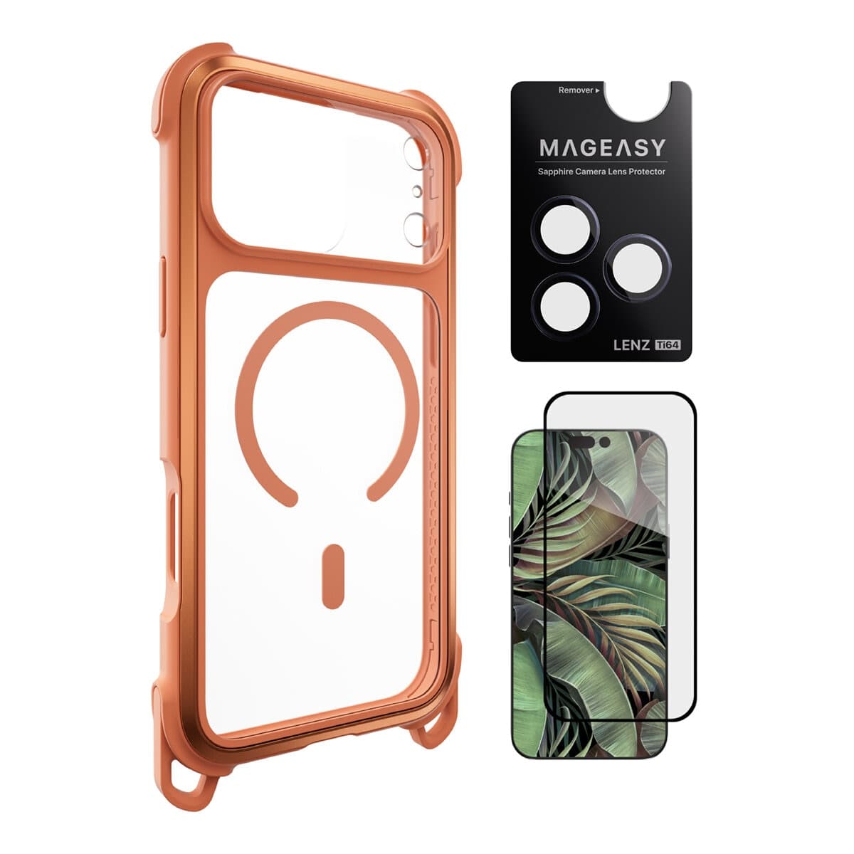 MAGEASY Odyssey Strap M Pelindung Anti-Termobilisasi dan Tali Penggantung untuk iPhone 17 Pro Max (Koral/Kecil Merah Jambu) + Perlindungan Lensa Lenz Titanium Midnight + Vetro 9H Pelindung Kaca