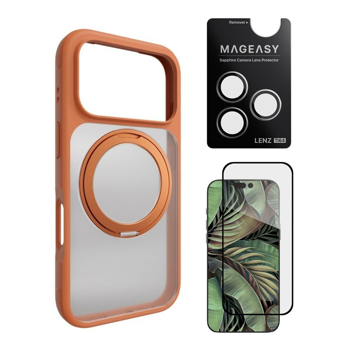 MAGEASY MagStand 360 M Pelindung Layar dan Bracket Rotasi Magnetik Untuk iPhone 17 Pro (Coral) + Lenz Lens Protector Titanium (Titanium Putih) + Vetro 9H Tempered Glass Screen Protector