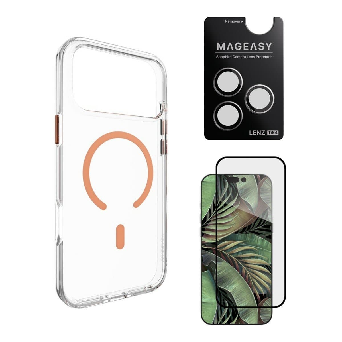 Pelindung Belakang Facet Clear Case MAGEASY untuk iPhone 17 Pro Max (Coral Magnet) + Lensa Protector Lenz Titanium (Titanium Putih) + Vetro 9H Tempered Glass Screen Protector